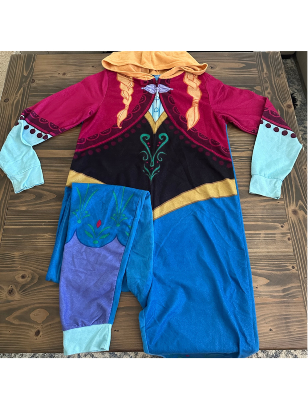Disney Frozen Anna Adult Medium Hooded One Piece Pajamas Costume Blue Pink